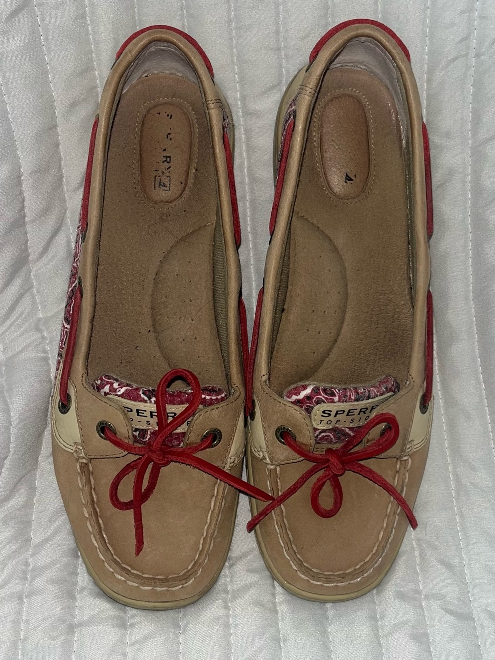 Sperry Women’s Tan Leather Boat Shoes with Red Trim